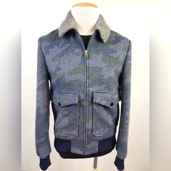 Paisley & Gray Mens Camo Blue Slim Fit Winter Sherpa Bomber Zip Jacket, sz SM - Picture 1 of 15